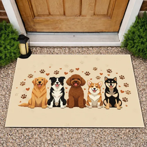Happy Dog Breeds Smiling Paw Prints Hearts - Home Decor Gift for Dog Lovers Doormat