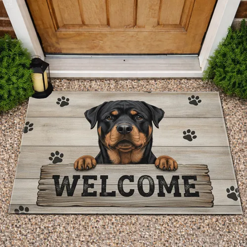 Black Tan Rottweiler Welcome Sign Dog Prints - Rustic Farmhouse Decor Doormat