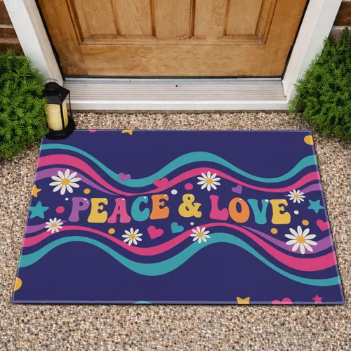 Peace Love Lettering Daisies Hearts Stars - Retro Lifestyle Decor Doormat