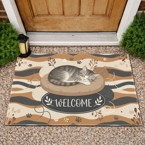 Gray White Cat Welcome Leaf Sprigs - Home Decor Gift for Cat Lovers Doormat