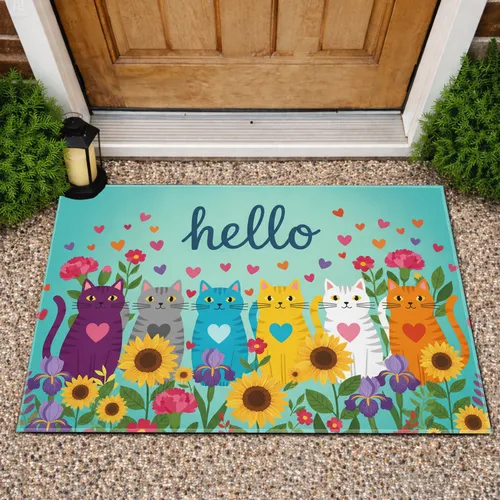 Seven Heart Cats Flower Field Hello - Home Decor Gift for Cat Lover Doormat