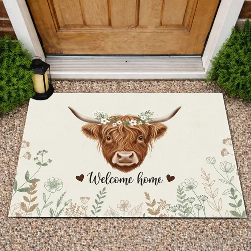 Highland Cow Floral Wreath Welcome Home - Farmhouse Decor Gift for Cow Lover Doormat
