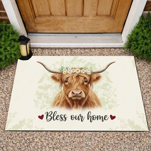 Highland Cow Daisy Crown 'Bless Our Home' - Farmhouse Decor Gift Doormat