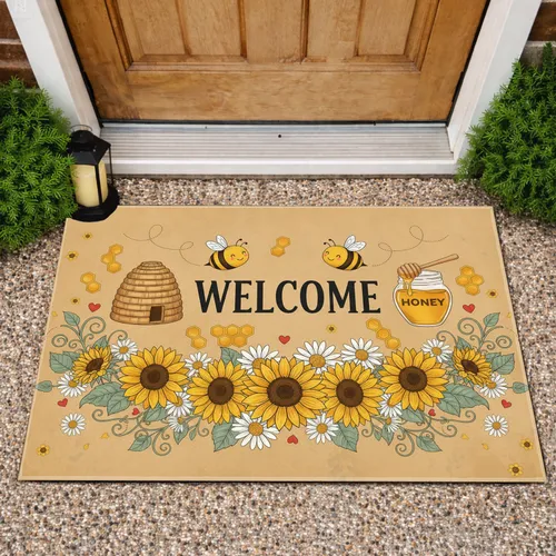 WELCOME Bees Sunflowers Daisies Honeycomb Hearts Bee Skep - Farmhouse Home Decor Gift Doormat