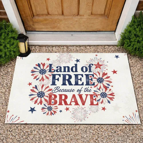 Land of the Free Brave Patriotic Flowers - Independence Day Gift for Veterans Doormat