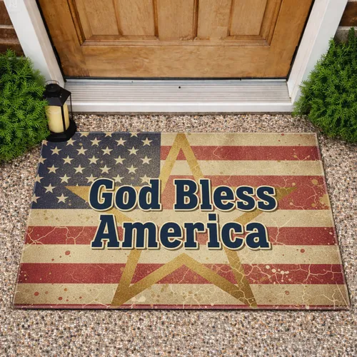 Distressed American Flag God Bless America Star - Patriotic Home Decor for Veterans Doormat