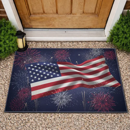 Waving American Flag Fireworks Independence Day Gift for Veterans Doormat