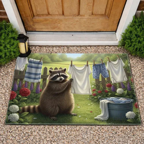 Fluffy Realistic Raccoon Clothesline Laundry Garden - Wildlife Lover Home Decor Gift Doormat