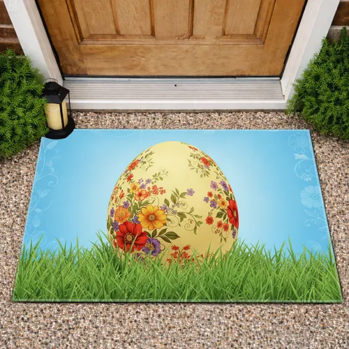 Pale Yellow Easter Egg Blooming Flowers Green Grass Meadow - Easter Holiday Gift Doormat