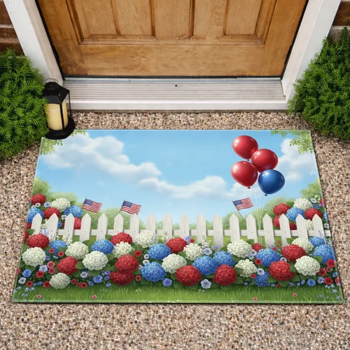 Red Blue Balloons American Flags Hydrangeas - Independence Day Gift for Veterans Doormat