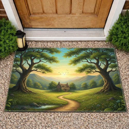 Sun Drenched Winding Path Rustic Cottage Ancient Trees Luminous Sky - Home Decor Gift Doormat
