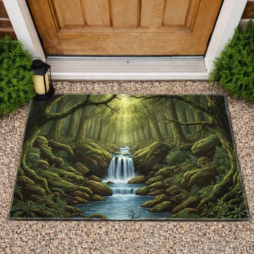 Lush Rainforest Waterfall Stream Ancient Trees - Nature Inspired Home Decor Gift Doormat