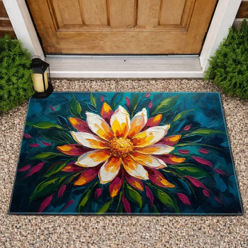 Vibrant Flower Bloom Golden Stamen Lush Foliage Deep Teal Blue - Home Decor Gift Doormat