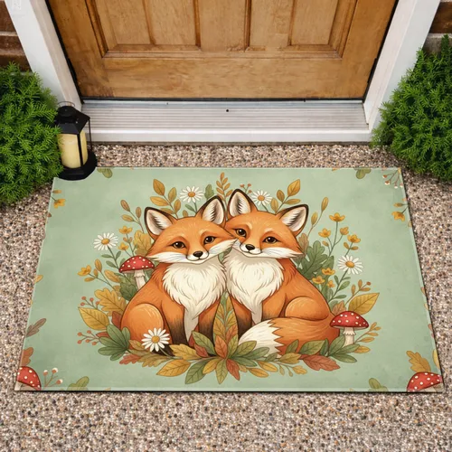 Two Foxes Autumn Leaves Toadstools - Home Decor Gift for Wildlife Lover Doormat