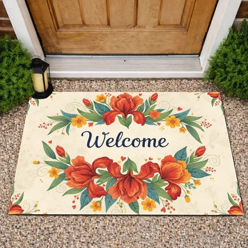 Welcome Script Large Iris Flowers Lush Botanicals Home Decor Gift Doormat