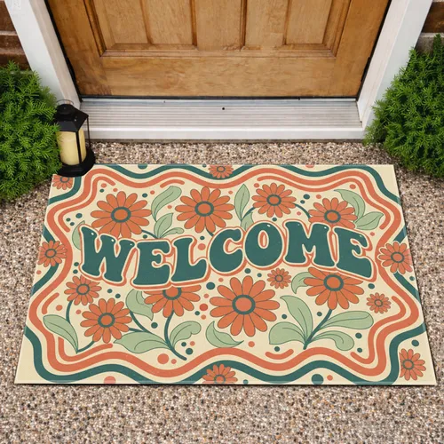 Retro 70s Vintage Welcome Wavy Daisy Flowers Leaves Home Decor Gift Doormat