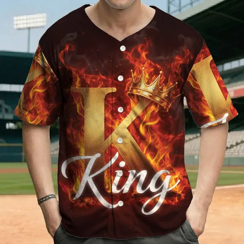 Ornate Crown King Letter K Fiery Flames Power Statement Gift Baseball Jersey