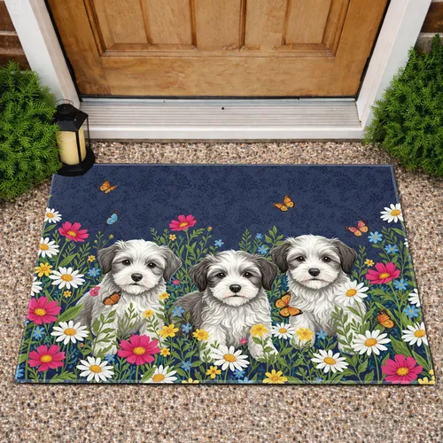 Three Adorable Fluffy Puppies Floral Garden Butterflies - Home Decor Gift for Dog Lover Doormat
