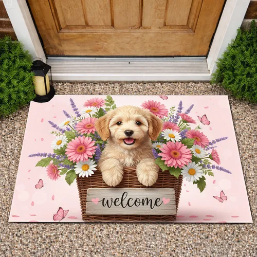 Puppy Welcome Basket Gerbera Lavender Butterflies - Home Decor Gift for Pet Lovers Doormat