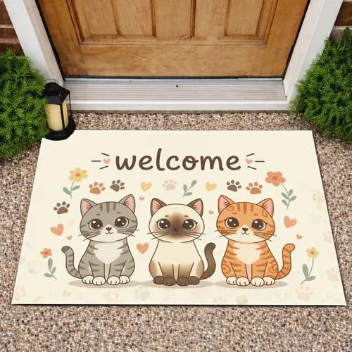 Welcome Kittens Paw Prints Hearts - Home Decor Gift for Cat Owners Doormat