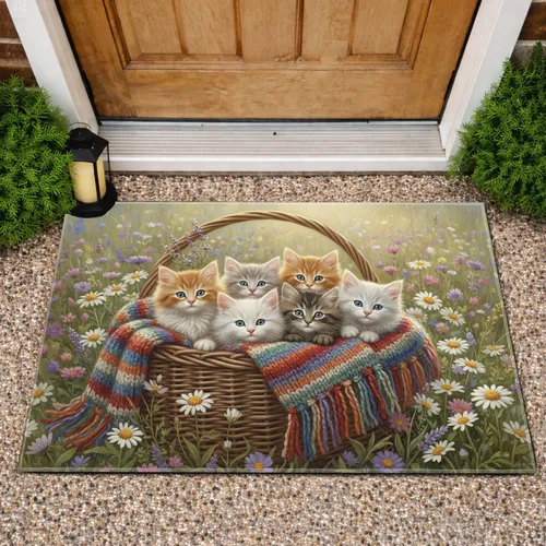 Kittens Wicker Basket Wildflower Meadow - Cat Lover Home Decor Gift Doormat
