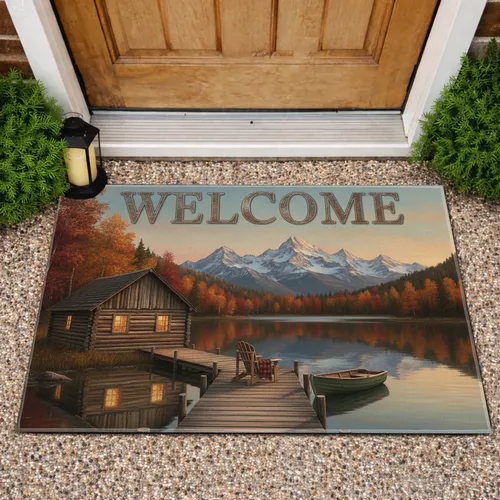 WELCOME Autumn Lake Log Cabin Mountain Rowboat Adirondack - Home Decor Gift Doormat