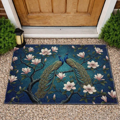 Peacock Magnolia Blossoms Tree Branch - Wildlife Home Decor Gift Doormat