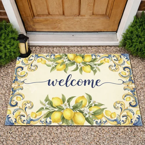 Welcome Lemon Branches Mediterranean Floral Scrollwork - Farmhouse Home Decor Gift Doormat