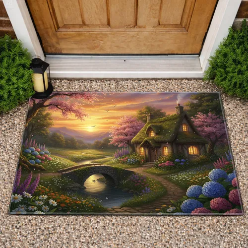 Picturesque Thatched Cottage River Stone Bridge Wildflowers Sunset - Home Decor Gift Doormat