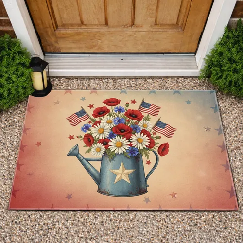 Rustic Watering Can Patriotic Flowers - Independence Day Gift for Veterans Doormat