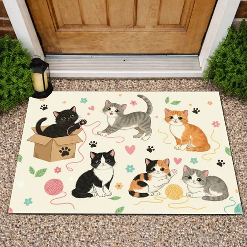 Six Kittens Playing Yarn Paw Prints Hearts Flowers - Home Decor Gift Doormat