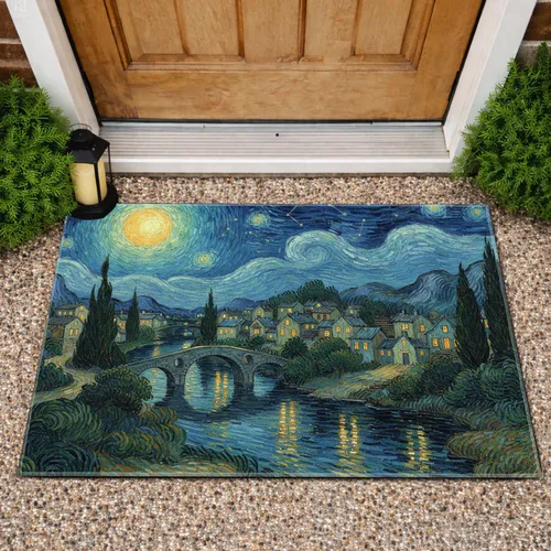 Village Scene River Bridge Cypress Trees Night Sky Luminous Moon Stars Home Decor Gift Doormat