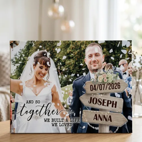 Custom Wedding Photo Canvas, Personalized Anniversary Gift for Couples, Name and Date Sign