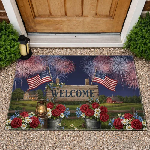 American Flag Welcome Sign Farmhouse Fireworks - Independence Day Decor Doormat