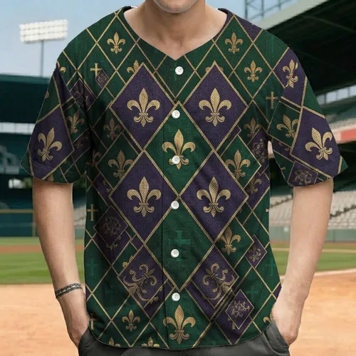 Ornate Tapestry Gold Emerald Green Purple Diamond Fleur-de-lis Crosses - Regal Everyday Style Baseball Jersey