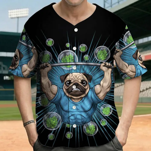 Determined Pug Barbell Lift Bubbles Leaves - Humorous Fitness Workout Gift for Dog Lovers Baseball Jersey