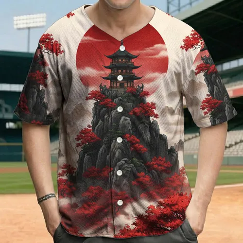 East Asian Pagoda Intricate Details Misty Mountain Red Sun Maple Blossom - Cultural Traveler Gift Baseball Jersey