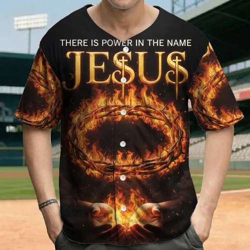 Jesus Name Power Crown Thorns Fire - Christian Faith Living Gift Baseball Jersey