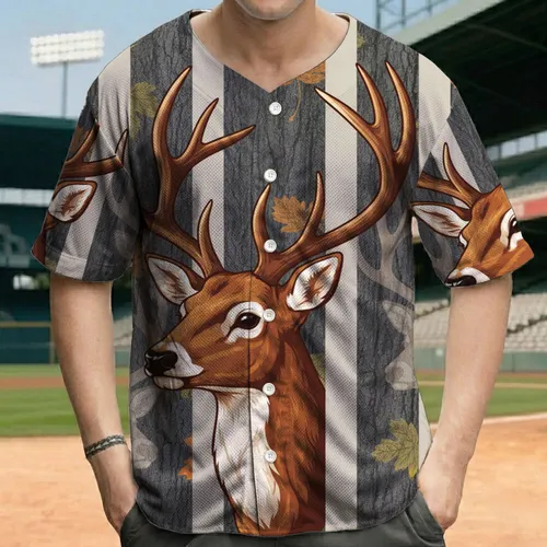 Deer Head Multi-Pronged Antlers Tree Bark Natural Habitat Wildlife Lover Gift Baseball Jersey