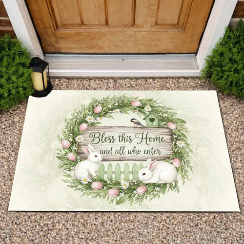 Rustic Bless Home Welcome Sign Spring Wreath Bunnies Chickadee - Home Decor Gift Doormat