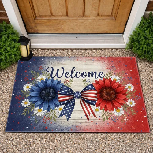 Welcome Blue Red Sunflowers Patriotic Bow American Flag Stars - Independence Day Decor Doormat