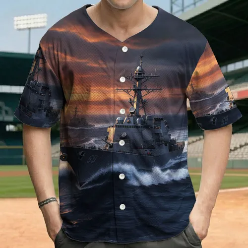Naval Destroyer Warship Rough Ocean Storm Sky - Military History Gift for Veterans Baseball Jersey