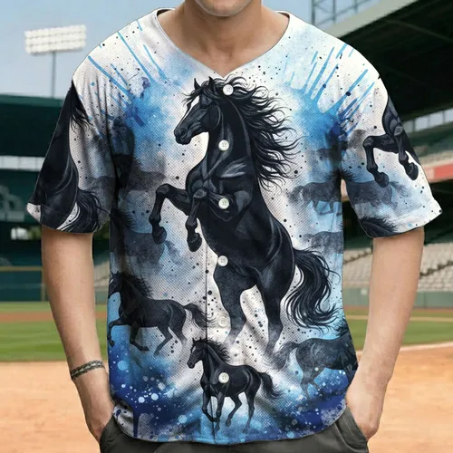 Rearing Black Horse Silhouettes Blue Ink Splashes Black Paint Speckles - Equestrian Lover Gift Baseball Jersey