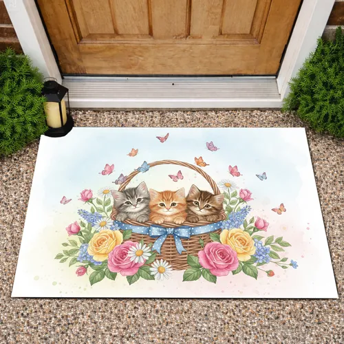 Grey Ginger Brown Kittens Basket Blooming Garden Butterflies - Home Decor Gift for Cat Lover Doormat