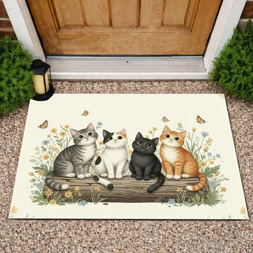 Curious Cats Rustic Log Wildflowers - Home Decor Gift for Cat Lover Doormat