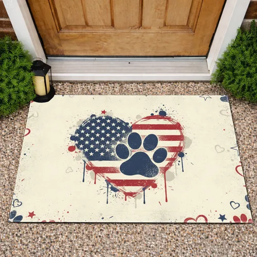 Paw Print Stars and Stripes Heart - Independence Day Gift for Veterans Doormat