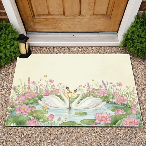 White Swans Lotus Pond - Home Decor Gift for Nature Lover Doormat