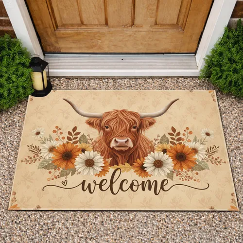 Highland Cow Welcome Autumnal Floral - Farmhouse Home Decor for Cow Lover Doormat