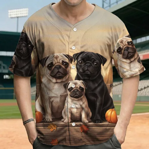 Three Pugs Puppy Autumn Pumpkins Rustic Wooden Bench - Pug Lover Autumn Gift Baseball Jersey
