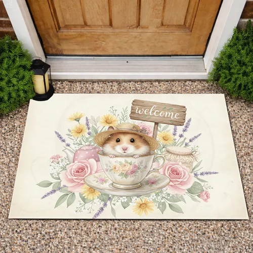 Vintage Floral Hamster Teacup Welcome Sign - Home Decor Gift for Pet Owners Doormat